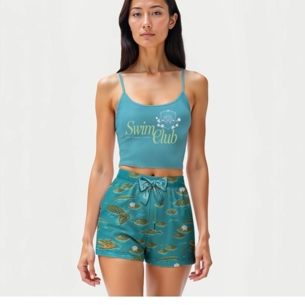 Swim Club Teal Ribbed Cami & Printed Shorts Set